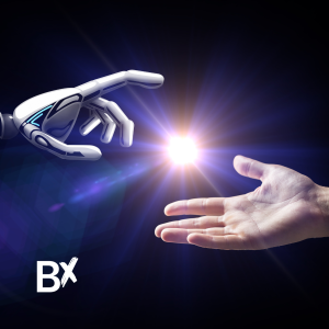 The Future of Sales: Robot and Human Hands Both Reach for a Shining Object